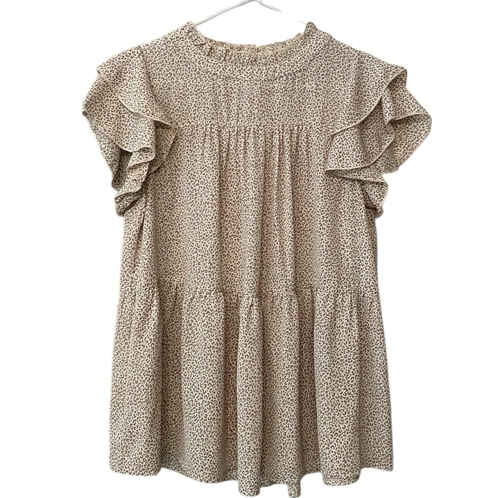 JODIFL S Creamy Mini Leopard Animal Print Blouse Dainty Ruffle Sleeves NWOT